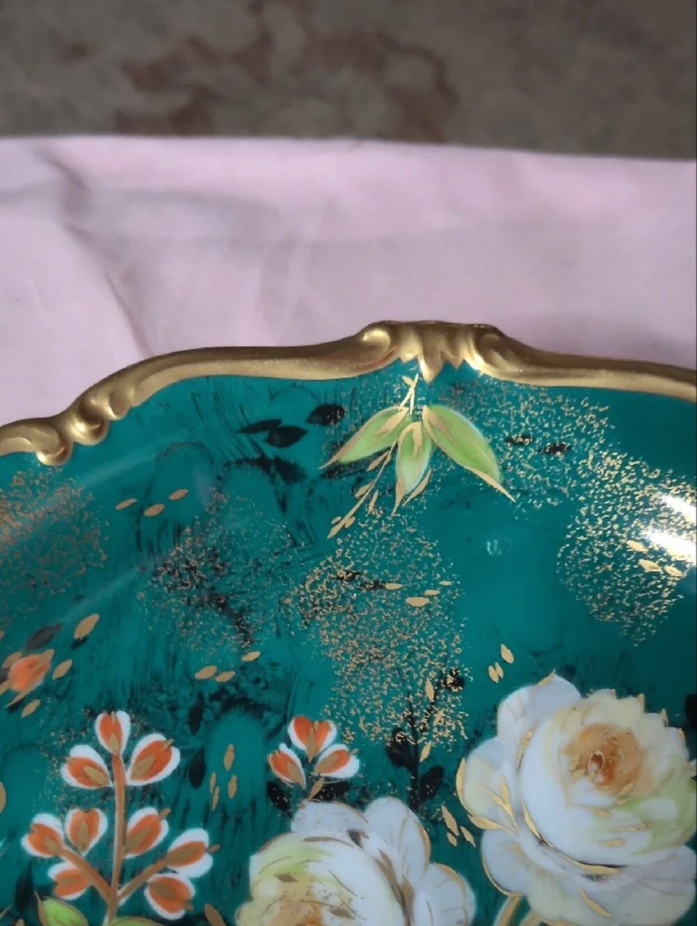 Rosen Thal Germany Hand-Painted Floral Decorative Bowl in Teal with Gold Trim